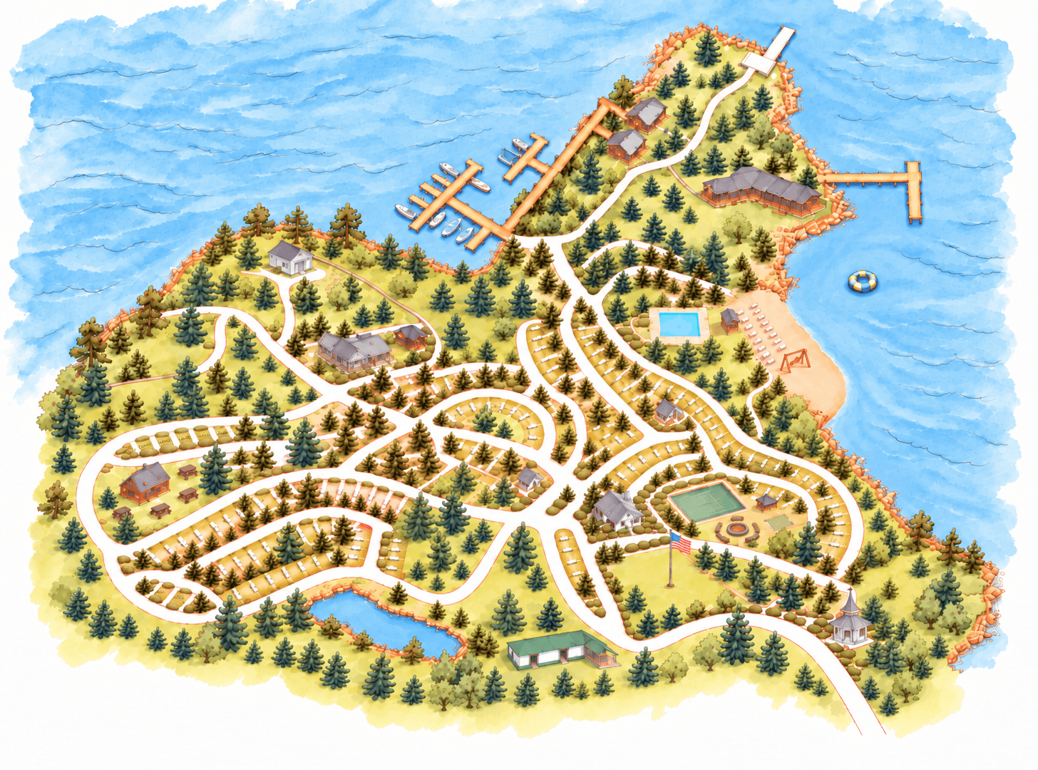 Illustrated placeholder map of Lake Gaston Resort with roads, RV sites, buildings, pool, beach, and marina
